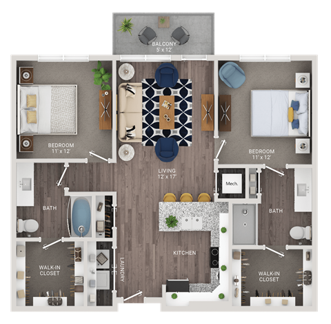 Floor plan for 2 beds, 2 baths, 1075 sqft